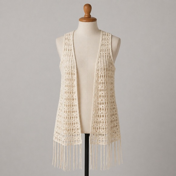 The Unbranded Brand Sweaters - Sleeveless Cardigan Vest Size‎ M Open Knit Crochet Fringe Cream Cottagecore Boho